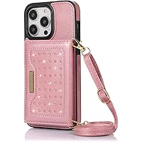 Crossbody Lanyard Case for iPhone 14/14 Plus/14 Pro/14 Pro Max, Premium Leather Slim Back Stand Wallet Case with Card Holder Magnetic Buckle Protective Cover,14 Pro Max,Pink