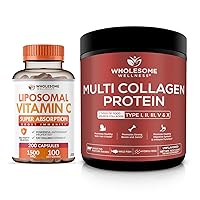 Wholesome Wellness Liposomal Vitamin C Capsules (200 Pills 1500mg Buffered) High Absorption VIT C + Multi Collagen Protein Powder Hydrolyzed (Type I II III V X) Bundle