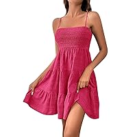 Womens Summer Dresses Casual Square Neck Sleeveless Spaghetti Strap Sundress Solid A Line Tiered Tank Beach Dress