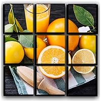 Big 9 Piece Oranges and Juice Wall Art Decor Picture Painting Poster Print on Canvas Panels Pieces - Food and Cooking Theme Wall Decoration Set - Fruits Wall Picture for Kitchen Dining Room