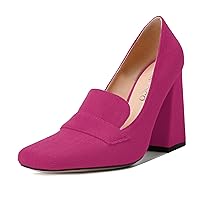MODENCOCO Womens Suede Square Toe Slip On Dating Sexy Casual Block High Heel Loafers Shoes 4 Inch