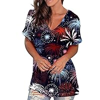 Womens Split Side Hem American Flag Tunic T-Shirts Summer July 4th Plus Size Short Sleeve V Neck Casual Loose Tops