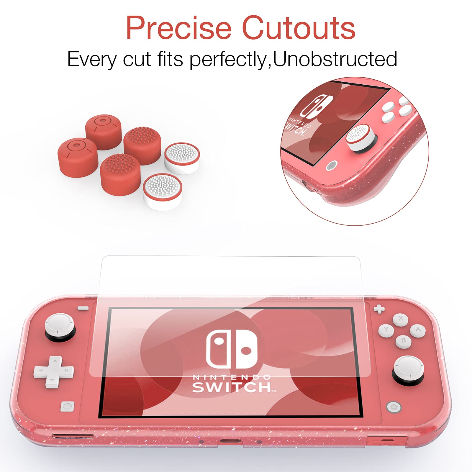 HEYSTOP Compatible with Switch Lite Carrying Case, Switch Lite Case with Soft Glitter TPU Protective Case Games Card 6 Thumb Grip Caps for Nintendo Switch Lite Accessories Kit(Pink)