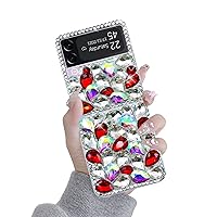 for Samsung Galaxy Z Flip 3 5G Case, 3D Handmade Sparkle Stunning Stones Crystal Diamond Bling Glitter Hard PC Phone Case for Galaxy Z Flip 3 Women Girls, Red
