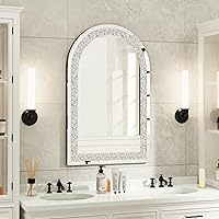 Arched Wall-Mounted Mirror: 36x24 in Decorative Large Silver Glass Vanity with Crushed Diamond Crystal Bling Edge, Modern Art Home Decor for Livingroom Diningroom Bathroom Bedroom