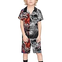 Tiger Skull in Steampunk Gear Boy's Beach Suit Set Hawaiian Shirts and Shorts Short Sleeve 2 Piece Funny