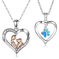 INFUSEU 2 Pack Sterling Silver Heart Dog Jewelry for Women, Opal Paw Print & Rose Gold Dog Pendant Necklaces, 18