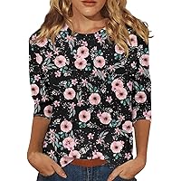 Womens Plus Size Tops,Women Casual Summer Tops Plus Size Floral Shirt Womens Tops 3/4 Sleeve Crewneck Blouses Dressy Casual