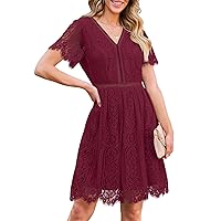 MEROKEETY Women's V Neck Floral Lace Wedding Dress Short Sleeve Cocktail Party Dress