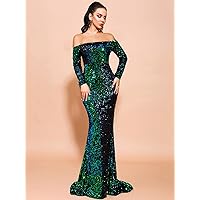 Dresses for Women Off Shoulder Sequin Fishtail Prom Dress (Color : Dark Green, Size : Small)
