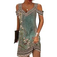 Womens Summer Dress Cold Shoulder V Neck Floral Printed 2024 Fashion Sundress with Pockets