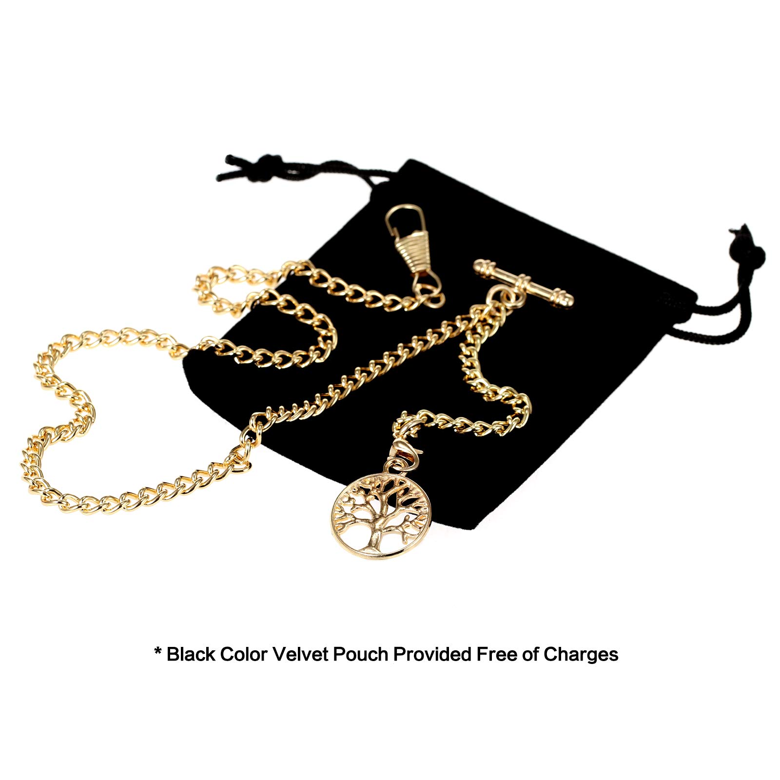 TREEWETO Men's Albert Chain Pocket Watch Curb Link Key Chain 2 Hooks with Antique Life Tree Pendant Design Charm Fob T Bar