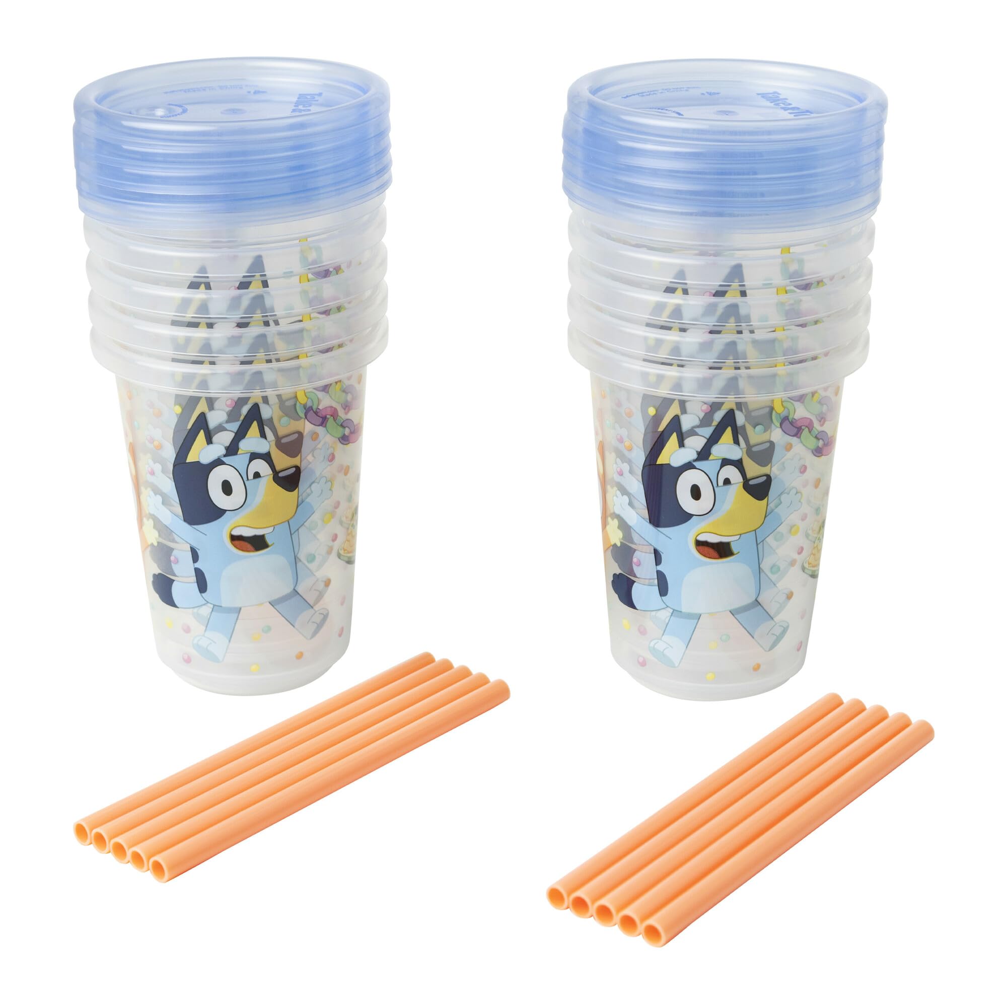 The First Years Bluey Take & Toss Toddler Straw Cups - Spill Proof Toddler Sippy Cups with Snap On Lids and Straws - Bluey Gifts and Bluey Party Supplies - 10 Oz - 10 Count