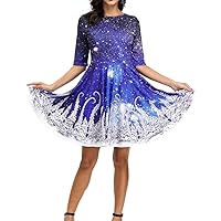 Ugly Christmas Dress for Women Half Sleeve 3D Xmas Printed Holiday Party Casual Flared Midi Swing Dress