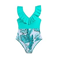 Milumia Girl's Tropical One Piece Swimsuits Ruffled Spaghetti Straps High Waist Bathing Suits
