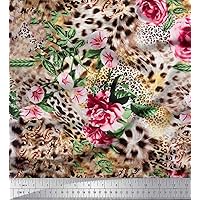 Soimoi Cotton Canvas Pink Fabric - by The Yard - 56 Inch Wide - Leaves, Rose & Leopard Elegance Animal Skin Fabric - Elegance of Leaves and Roses with Leopard Patterns on Animal Skin Printed Fabric