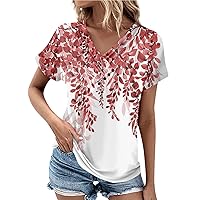 V Neck T Shirts for Women Fashion Floral Button Down Short Sleeve Tees Spring Summer Casual Going Out Tops Tunic 2024