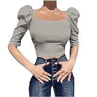 Women's Square Neck Crop Tops Puff Half Sleeve Fashion Sexy Blouses Summer Casual Slim Fit Plain Elegant T-Shirts