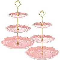 2 Pcs Porcelain Cupcake Stand 3 Tier Serving Tray Dessert Tiered Tea Party Plates Embossed 3 Tier Cake Stand High Tea Elegant Stand Cupcake Platter for Wedding Birthday(Pink)