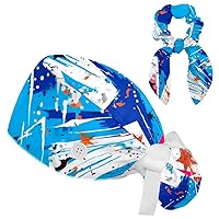Set of 1 Ponytail Holder Bouffant Cap with Hair Scrunchy, Scrub Hat for Women Long Hair, abstract star pattern