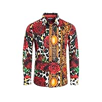 Barabas Men's Rhinestone Floral Roses Leopard Long Sleeve Shirts SPR964