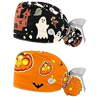 Bouffant Scrub Hat with Ponytail Holder 2 PCS Adjustable Working Hat Hair Cover Surgical Cap Long Hair Happy Halloween