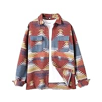 Men's Casual Aztec Print Button Down Woolen Long Sleeve Lightweight Lapel Western Shacket Jacket Coat
