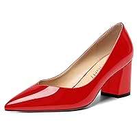 Womens Pointed Toe Dress Office Solid Slip On Patent Chunky Mid Heel Pumps Shoes 2.5 Inch