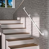 Muzata 10ft Staircase Handrail White Pipe Handrail Bar Foot Rail Kit for Indoor Stairs 440LBS Load Capacity Wall Mount Support Galvanized Steel Industrial Style, HW20 WBG