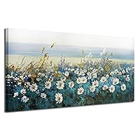 Arjun Flowers Wall Art Canvas White Daisy Floral Painting Blue Coastal Landscape Picture, Modern Large Size Framed Artwork for Living Room Bedroom Bathroom Dinning Room Office Home Wall Decor, 40