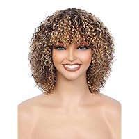 wigs human hair 200 density short curly human hair wig with bangs 100% human hair no lace human hair wigs for women 12 inch highlight P4/27,gift for mom,for birthday,for travel.