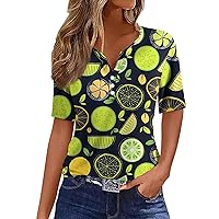 Tops for Women Trendy Casual Fruit Printed V-Neck Short Sleeve Decorative Button T-Shirt Top