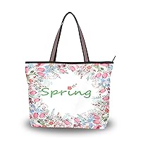 Women's Tote Purse with Pocket Flower Printed Handbag Polyester Tote Bag Spring Tote Purse