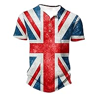 Men's Tie Dye Henley Shirts Britain Flag Print Button V Neck T-Shirts Summe Short Sleeve Casual Patriotic Tops