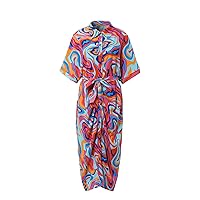 Women's Patterned Printed Waist Tied Casual Long Dress with Button up Shirt Collar and Short Sleeved Dress