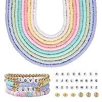 Pandahall 3700-4970Pcs Polymer Clay Beads Bracelet Making Kit 10 Colors 6mm Flat Round Disc Clay Beads with Acrylic Letter Beads Brass Spacer Bead for Summer Hawaii Bohemian Bracelet