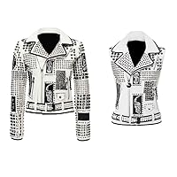 Womens Studded Patches Black Lining White Leather Jacket Studs Spike
