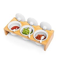 Defined Deco Wooden Condiment Set-Ceramic Chip and Dip Serving Set-3 Piece Dipping Bowls with Lids and Spoons on Bamboo Raised Display Serving Tray,White Serving Dishes for Entertaining,Hosting.