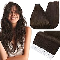 Full Shine Brown Tape in Hair Extensions Human Hair Dark Brown Hair Extensions 24inch Hair Extensions Real Human Hair Tape ins Seamless Glue in Hair Extensions 20 Pieces 50 Gram
