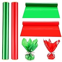 2 Rolls Red & Green Cellophane Wrap Roll- (17 in. Wide x 100ft. Long x 2.3 Mil Thick) - Cellophane Roll for Christmas Gift Basket Wrap - Plastic Wrap for Decorations, Treats, Christmas Tree W