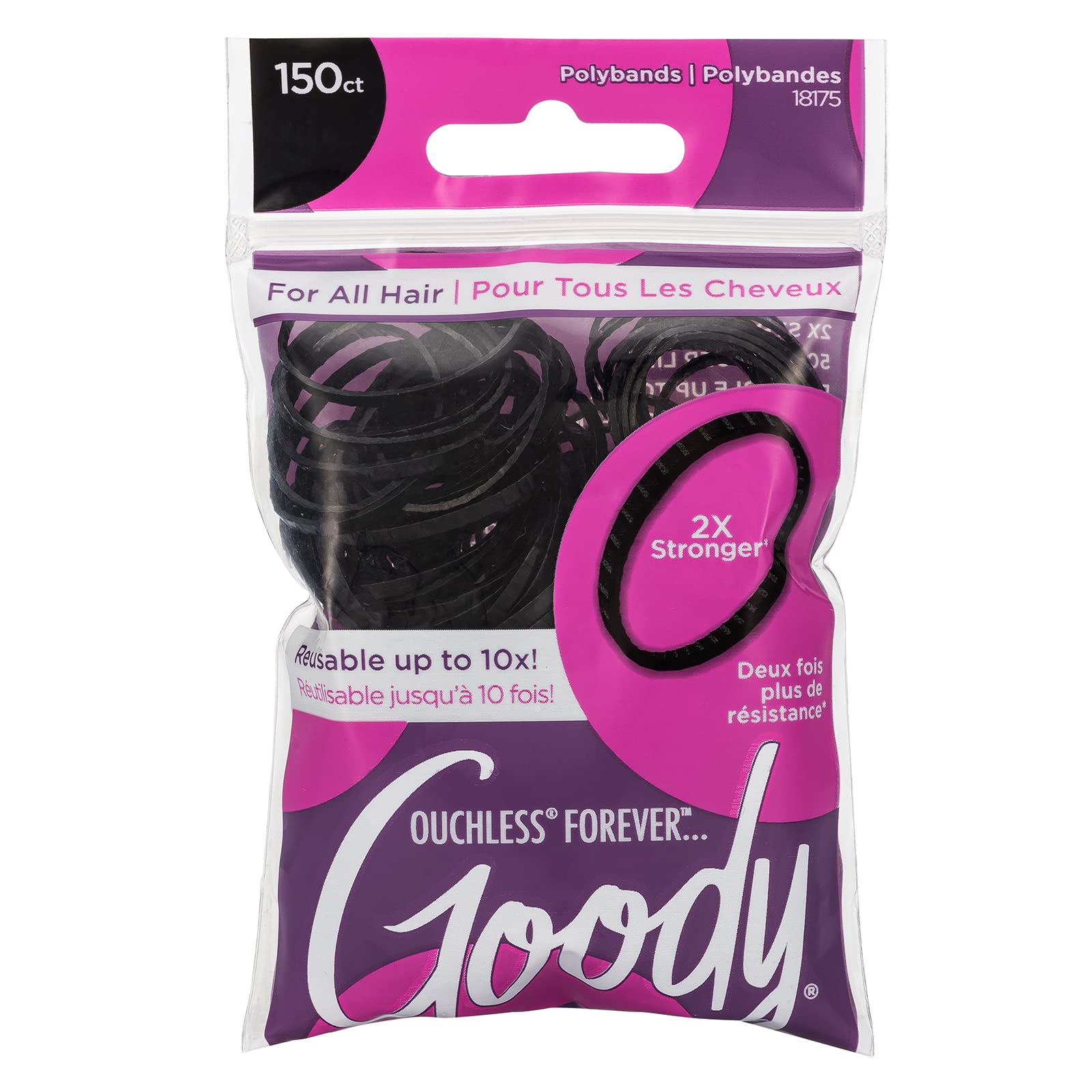 Goody Ouchless Womens Polyband Elastic Hair Tie - 150 Count, Black - Fine Hair - Hair Accessories to Style With Ease and Keep Your Hair Secured - Perfect for Fun and Unique Hairstyles - Pain-Free