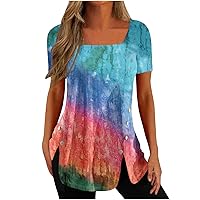 ZunFeo Women's Summer Blouses Floral Print Square Neck Tunic Top Shirts Loose Fit Elegant T Shirt Side Slit Fashion Tops 2023