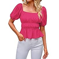 luvamia 2023 Puff Sleeve Tops for Women Square Neck Off The Shoulder Top Ruffle Hem Cute Dressy Casual Blouses Summer