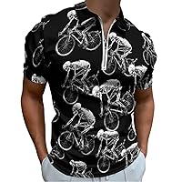 Sketch Skeleton Bicycles Men's Zippered Polo Shirts Short Sleeve Golf T-Shirt Regular Fit Casual Tees