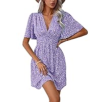 Summer Dresses for Women 2023 Ditsy Floral Print Plunging Neck Puff Sleeve Short A-Line Dress