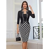 Fall Dresses for Women 2023 Polka Dot 2 in 1 Bodycon Dress Dresses for Women (Color : Black and White, Size : X-Large)