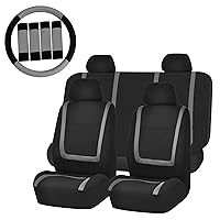 Automotive Seat Covers Unique Flat Cloth Gray Full Set, Combo Steering Wheel Cover and Seat Belt Pads Rear Solid Bench Universal Fit for Vans Cars Trucks and SUV Interior Accessories
