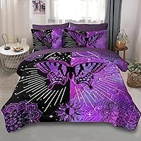 Black Purple Butterfly Bedding Set Boho Mandala Butterfly Quilt Queen Lotus Sun Star Butterfly Bed in A Bag, 2 Pillowcase, 2 Sham, 1 Flat Sheet, 1 Fitted Sheet, 1 Cushion Cover