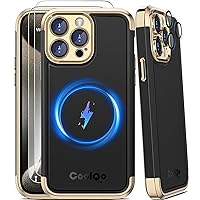 COOLQO Magnetic for iPhone 15 Pro Case [Compatible with MagSafe] 2X[Tempered Glass Screen Protector+Camera Lens Protectors] Mil-Grade Shockproof Protective Phone Case for iPhone 15 Pro, Black Gold