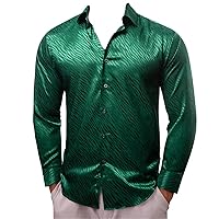 Shirts for Men Long Sleeve Silk Satin Red Slim Fit Male Blouses Trun Down Collar Tops Breathable Clothing